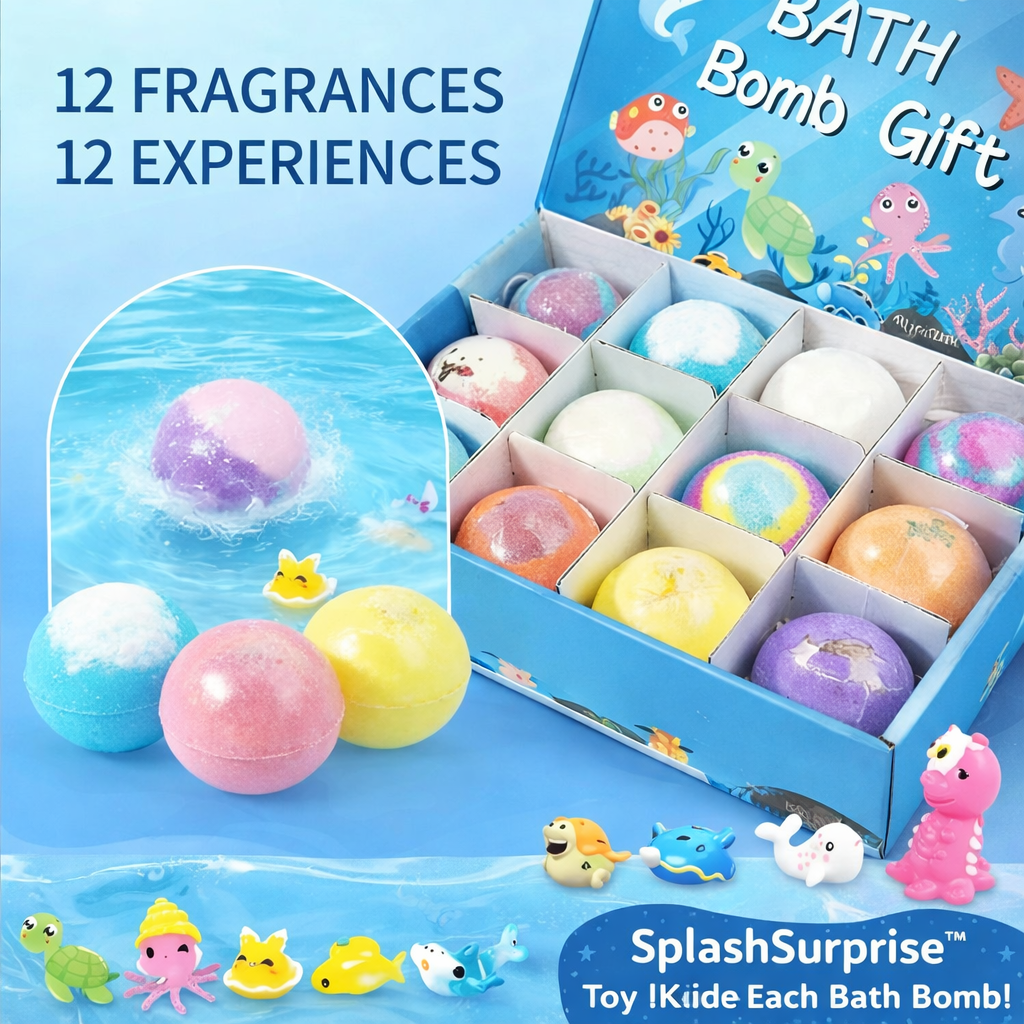 Kids Bath Bombs with Hidden Toys – 12 Colorful Surprise Bath Bomb Gift Set